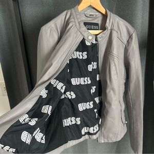 GUESS Gray Leather Moto Jacket with Logo Lining XL Excellent condition